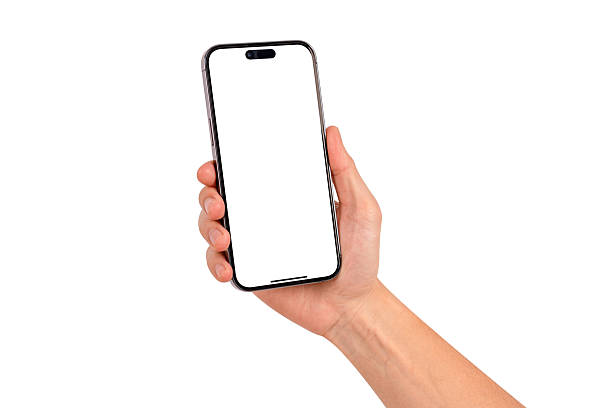 istock Hand showing smartphone with blank screen isolated on white background. High quality studio shot. Concept for technology, business, finance and advertising. 2211246062