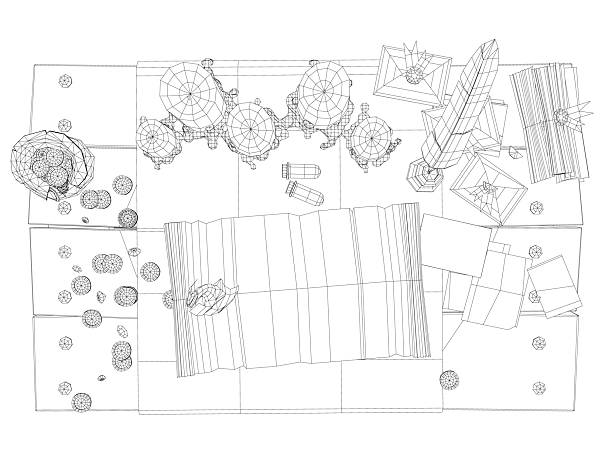 istock A table with a few items on it. The drawing is in black and white. Top view 2211254190