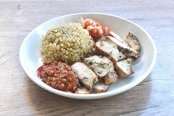 grilled slice chicken black pepper steak dressing tomato sauce with fried rice
