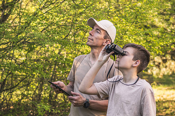 istock Birding. Father and son observing birds using binoculars and learning about them on digital tablet. Family time at weekend searching for birds or birdwatching in forest in late afternoon. 2211259455