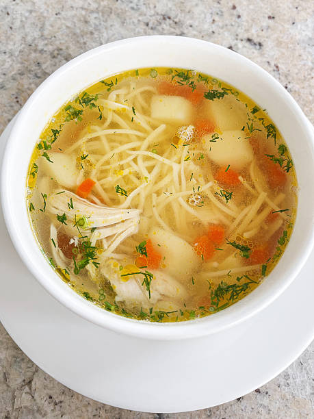 Homemade Chicken Noodle Soup with Vegetables in White Bowl