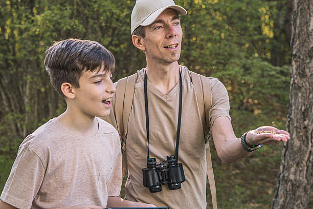 Birding. Father and son observing birds using binoculars, learning about them on digital tablet and feeding birds with birdseed. Family time at weekend searching for birds or birdwatching in forest in late afternoon.