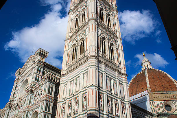 Zoomed in picture of the Bell Tower, the dome and the main entrance of the famous Cathedral of Santa Maria del Fiore, located in Florence, also known as Giotto's Bell Tower and  Brunelleschi's dome , named after the architects who designed them. Construction started in the 1200's by the design of Arnolfo di Cambio, it took around 140 years to complete, in 1436. The cathedral's dome was designed by architect Filippo Brunelleschi. The cathedral's current facade was done by Emilio De Fabris in the 19th century.
