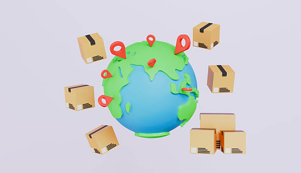 istock Pointer pin location on earth global world, Cardboard boxes transportation logistics, Earth globe with pin points concept 2211264427