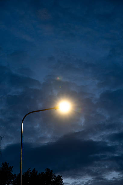 istock Streetlight Glowing Against a Cloudy Evening Sky with Tree Silhouettes 2211265322
