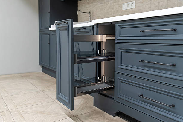 istock Open kitchen drawer with metal shelves 2211265488