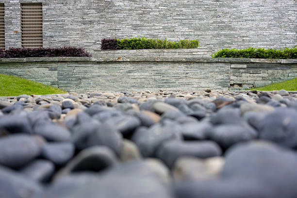 Close up of pebble paths in modern landscape design gardens