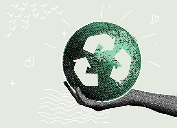 Tredy halftone collage. Earth protection.Hand holding recycling symbol. Concept of environmental protection,recycling materials,circular economy,eco-friendly product Tredy halftone collage. Earth protection.Hand holding recycling symbol. Concept of environmental protection,recycling materials,circular economy,eco-friendly product. Vector illustration environmental issues stock illustrations