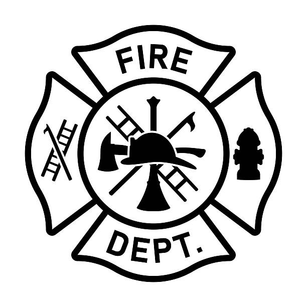 Firefighter Maltese Cross Icon Helmet Axes Ladder Black and white firefighter Maltese cross icon featuring a helmet, axes and ladder elements in a minimalist vector style with an outline and silhouette design. Emblem of bravery, protection, heroism, honor, and service capturing the essence of first responder sacrifice, pride, safety, and determination in emergency rescue. maltese silhouette stock illustrations