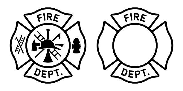 Firefighter Maltese Cross Badges Black White Set Bold firefighter Maltese cross badges unite classic fire department insignia with minimalist vector silhouettes featuring helmets, ladders, hydrants, and axes that symbolize protection, courage, emergency rescue, and public safety. maltese silhouette stock illustrations