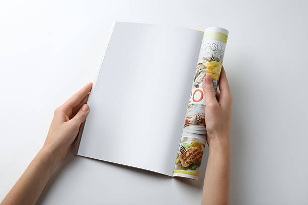Woman reading magazine on white background, closeup. Mockup for design
