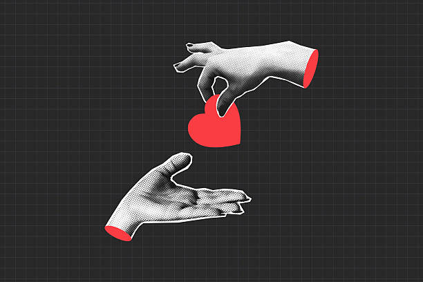Two halftone hands give heart from one to other. Collage female hands with heart or like. Concept of charity and love or likes on social media. Collage halftone element. Vector illustration.