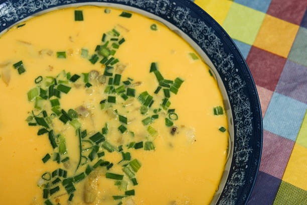 Close up of Chinese Hong Kong style steamed egg with spring onions on top