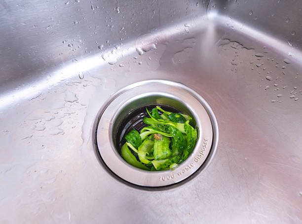 istock Garbage disposal unit in a stainless steel kitchen sink with food scraps 2211285476
