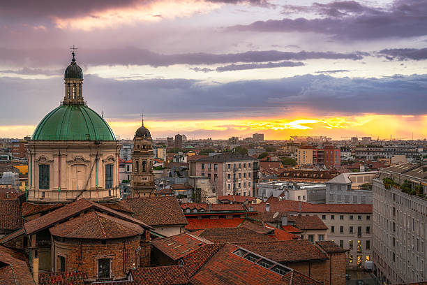 istock Milan skyline with church cupolas at sunset, Italy 2211292990