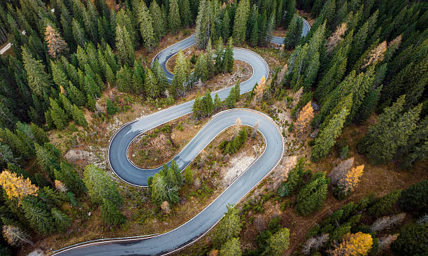 istock Winding road between the green forest - aerial view 2211293393