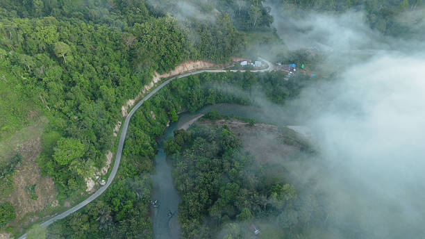 istock Aerial View of Misty Landscape with River and Pathway 2211294503