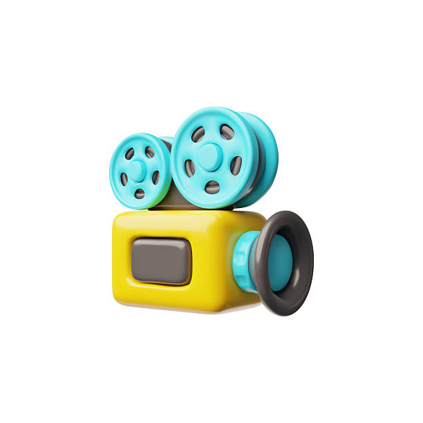 istock Video camera with films 3D plastic cartoon vector icon, film recorder professional equipment, movie cinema industry 2211304486