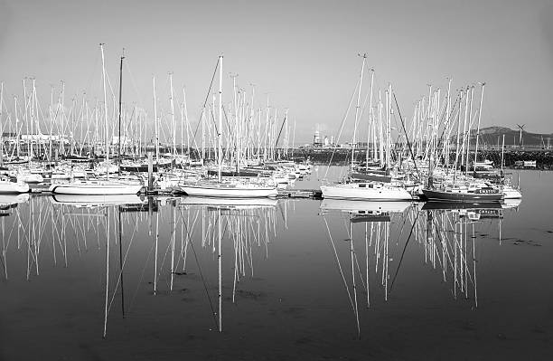Dublin, Ireland - September 17, 2023 - A serene marina scene in Howth, Ireland features numerous sailboats docked in calm waters, their masts reflected beautifully on the water's surface. The clear sky enhances the tranquil atmosphere on a sunny, summer day.