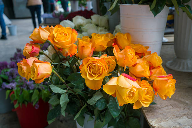 Fresh bouquets of long-stem roses in brilliant yellow, fiery orange, and rich pink varieties neatly arranged in wrapped cellophane bundles stacked on black wire retail racks at a florist market stand, creating a colorful rainbow effect under store lighting, full frame with copy space for price tags.This cheerful floral display captures seasonal beauty and gifting appeal, ideal for Valentine's Day promotions, wedding florals, or romantic gesture visuals in advertising and social media.Horizontal composition, high-resolution product photography,