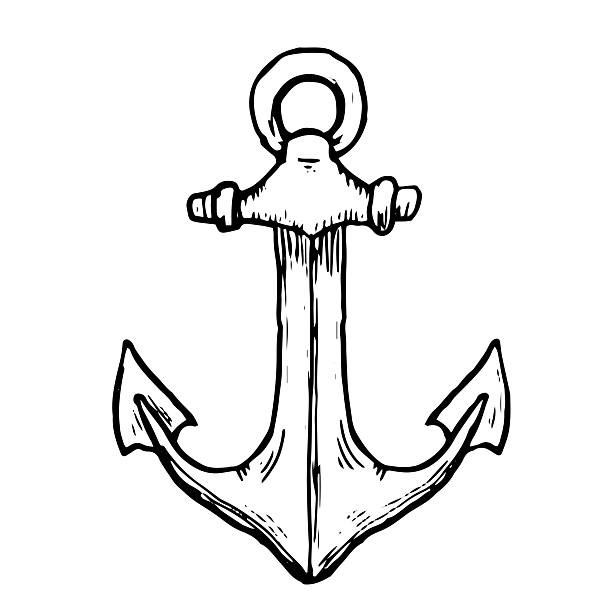 A ship's anchor, a sketch in black and white ink. Vector illustration. Vintage marine anchors linear pattern, isolated on a white background. Design element for logos, posters, postcards, banners,