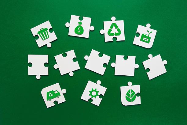 istock Sustainability Puzzle Pieces with Blank Templates on Green background 2211309442