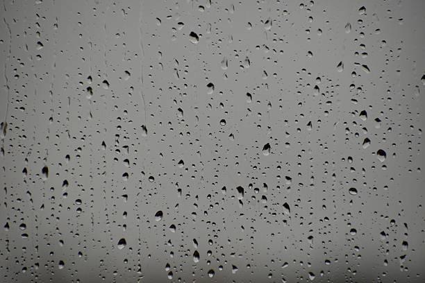 Close-up of rain drops on a glass window with a soft gray background. The blurred background and water droplets create a moody, melancholic atmosphere perfect for abstract or emotional themes.