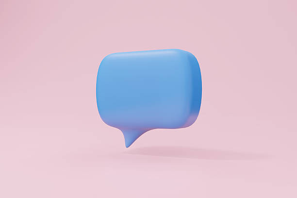 Minimalist 3D rendering of a blue speech bubble against a pastel pink background.  Ideal for social media, communication, feedback, notification, and modern design projects.