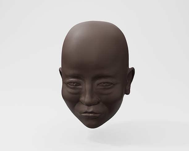 Abstract 3D render of a dark skinned bald head against a clean, white backdrop. Minimalist, serene, and conceptual. Perfect for meditation, design, or identity themes.