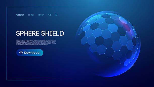 illustrazioni stock, clip art, cartoni animati e icone di tendenza di sphere shield hexagon protect 3d background technology dome ball tech. modello a nido d'ape in vetro astratto blu con barriera energetica, vettore di campo cibernetico, strato uv trasparente, effetto ai immune guard - cupola