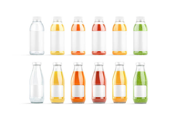 Blank transparent 16 oz plastic and glass juice bottle mockup, 3d rendering. Empty water, orange, pineapple, carrot, tomato, kiwi bottles mock up, front view, isolated. Juicy disposable pack template.