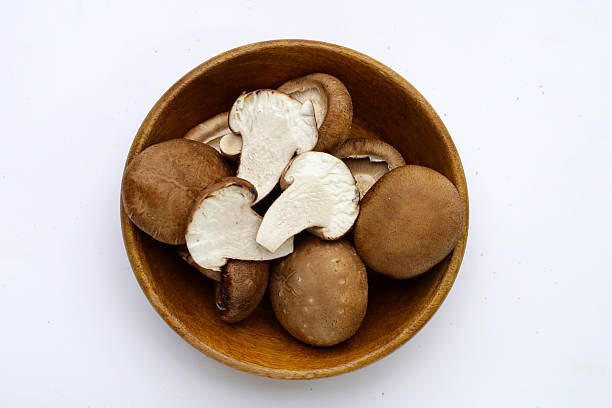 istock Fresh shiitake mushrooms on white background. 2211337109