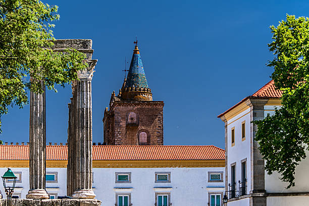 Evora, Portugal 05-26-2022: The Roman Temple of Diana is one of the best-preserved Roman temples in the Iberian Peninsula.