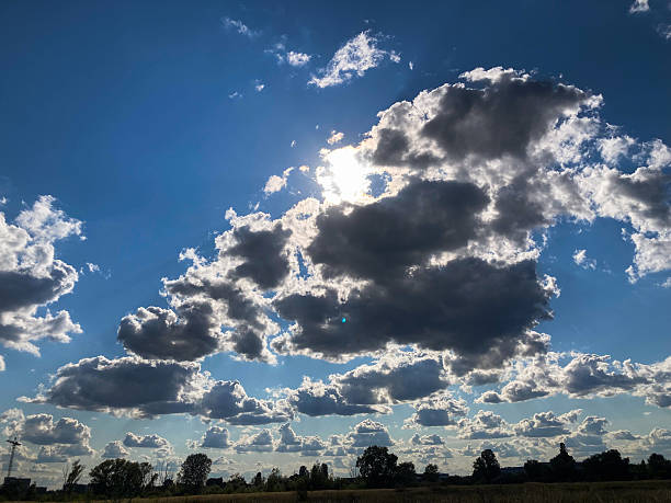 A serene, sunny day scene with blue sky and fluffy white clouds