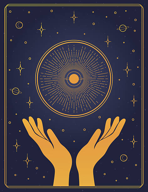 Open hands wishing with golden stars and universe symbols spirituality theme vector illustration.