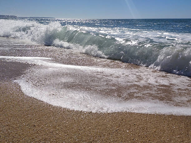 Seascape featuring a wave crashing on a sandy beach under a clear, bright sky. Evokes feelings of tranquility, nature, and vacation. Ideal for travel, relaxation, or coastal themed projects.
