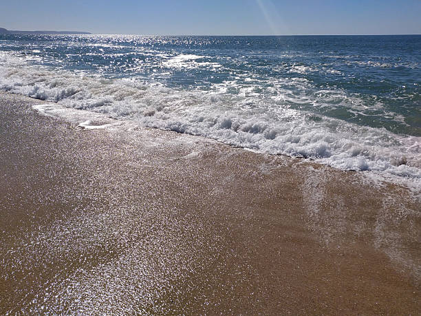 istock Serene beach scene Sparkling ocean waves gently rolling onto a sandy shore under a clear blue sky. Evokes peace, summer vacation, and coastal beauty. 2211349583