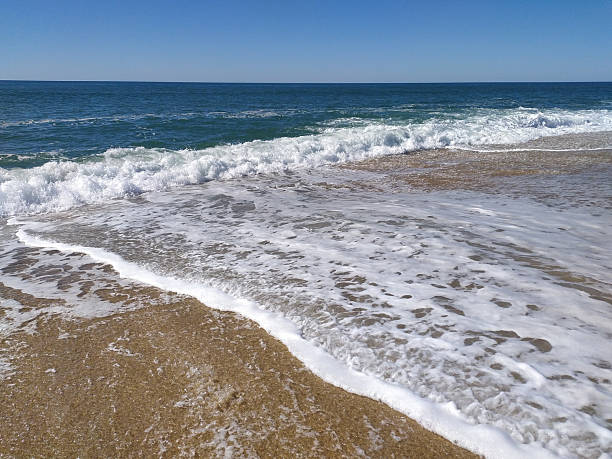 istock Serene coastal scene. Foamy waves gently roll onto a sandy shore under a clear blue sky. Evokes peace, tranquility, and the power of nature. Ideal for travel, relaxation. 2211349621