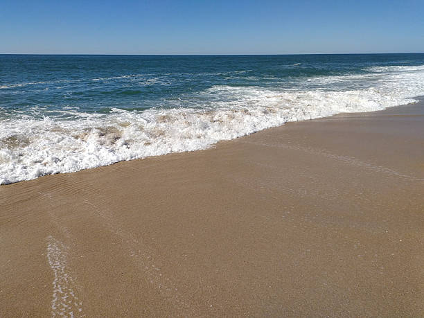 Waves gently caress a sandy beach under a clear blue sky. Evokes tranquility and relaxation. Ideal for travel, vacation, or nature themes.