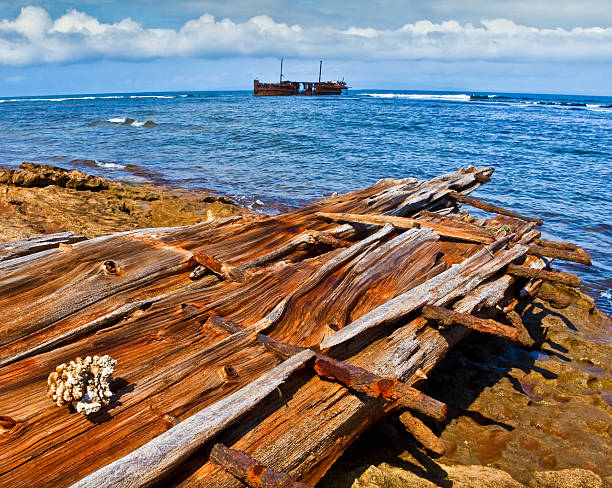 Aerial sunset view of the EDRO III Shipwreck in Paphos, Cyprus.