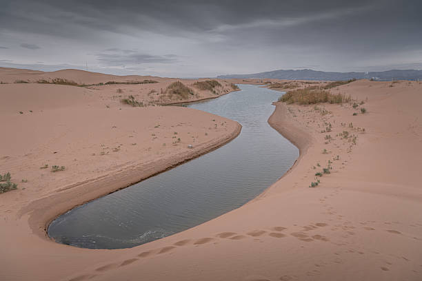 istock Big dune and the sand texture with the river cutting through at foreground, Inner Mongolia, China 2211364026