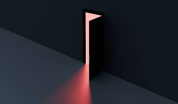 Light through the door, open door, lighted corridor, 3D illustration