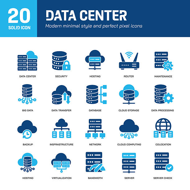 ilustrações de stock, clip art, desenhos animados e ícones de data center glyph solid icons. containing server, hosting, cloud computing solid icons collection. vector illustration. perfect pixel on clean white background - base de dados