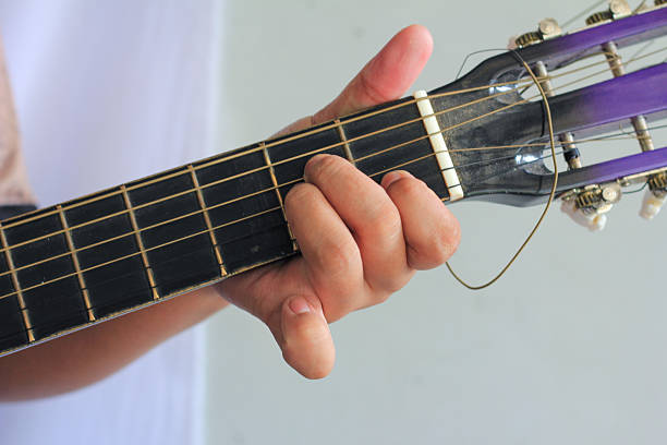 A close-up of a hand positioned on a guitar fretboard, illustrating finger placement. The person is holding down specific strings with fingertips, demonstrating a gripping technique. The guitar has six strings and visible frets, with tuning pegs partially visible. The hand is positioned near the guitar's headstock, indicating a chord or note is being played. The background is neutral, focusing attention on the hand and fretboard interaction. The strings are evenly spaced, and the fretboard is dark-colored.