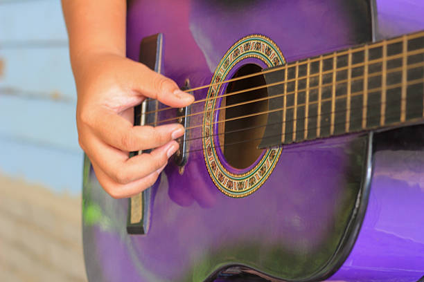 a person’s hand strumming strings on a vibrant purple acoustic guitar, creating artistic and musical ambiance