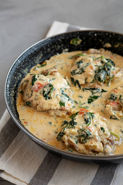 istock Homemade Creamy Tuscan Chicken with Spinach in a Pan, side view. 2211385210