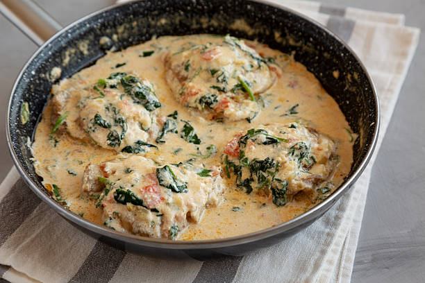 istock Homemade Creamy Tuscan Chicken with Spinach in a Pan, side view. 2211385211