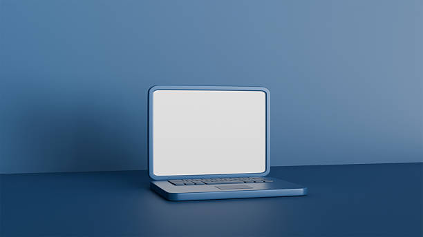 istock 3D model of blue laptop with blank white screen on blue background, template 2211388138