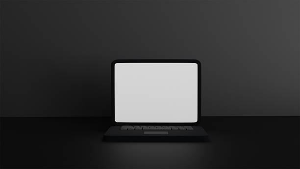 istock 3D model of black laptop with blank white screen on black background, template 2211388168