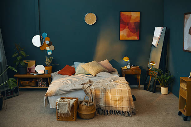 istock Cozy Modern Bedroom Decorated with Warm Tones 2211389209